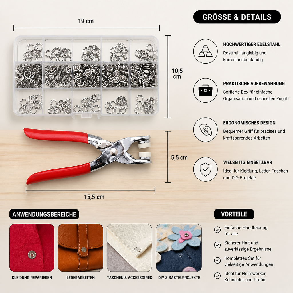 Edelstahl-Druckknopfzangen-Set – Metallknopf-Reparaturset für Kleidung, Leder und Bastelarbeiten