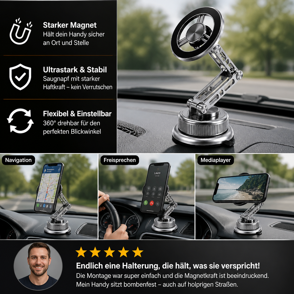 Ultrastarke magnetische Autohalterung fürs Handy aus Vollmetall mit Saugnapf
