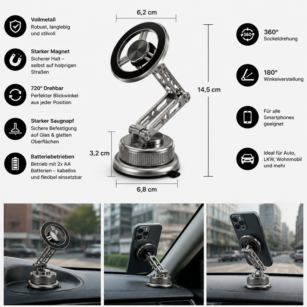 Ultrastarke magnetische Autohalterung fürs Handy aus Vollmetall mit Saugnapf