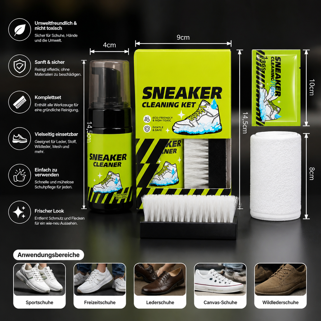 All-in-One Schuhreinigungs- & Pflegeset mit Bürsten, Trockenreiniger & Fleckenentfernungstüchern