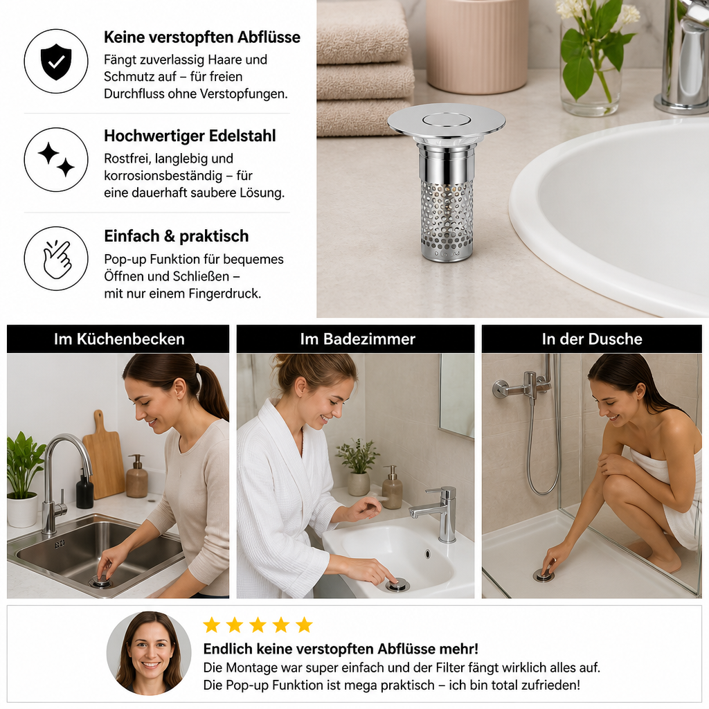 Universeller Pop-up-Abflussstopfen für Waschbecken mit Haarfänger & Edelstahl-Filterkorb