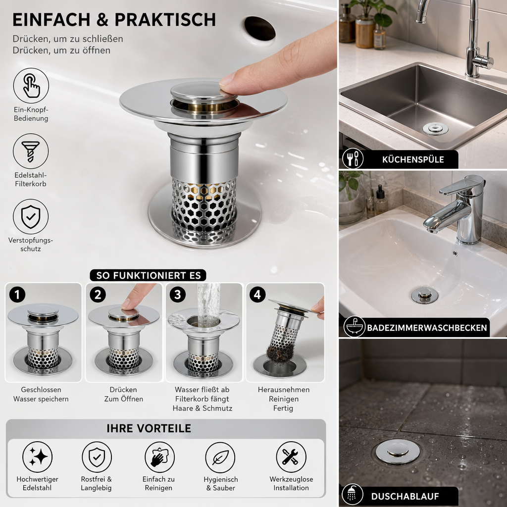 Universeller Pop-up-Abflussstopfen für Waschbecken mit Haarfänger & Edelstahl-Filterkorb