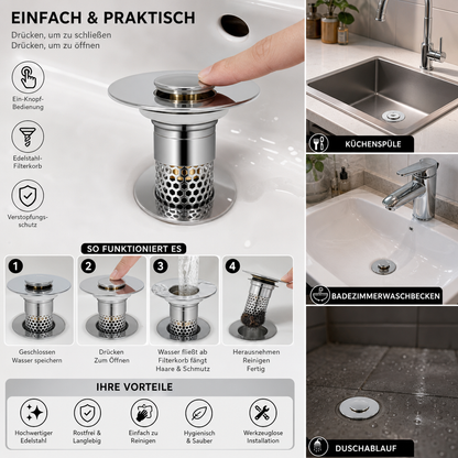 Universeller Pop-up-Abflussstopfen für Waschbecken mit Haarfänger & Edelstahl-Filterkorb