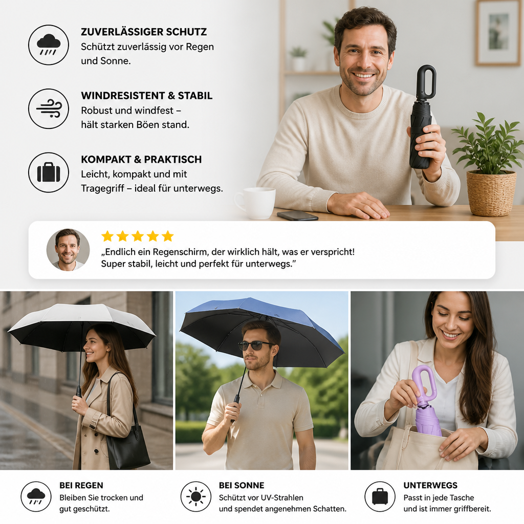 Premium-Automatik-Faltschirm für Sonne & Regen – Kompakt & windfest