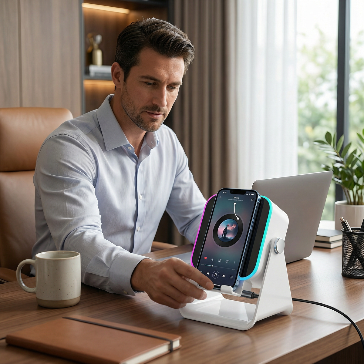 Multifunktionaler Bluetooth Lautsprecher – Mit Licht, kabelloser Ladefunktion und verstellbarem Handyhalter