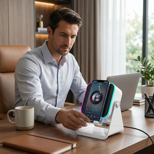 Multifunktionaler Bluetooth Lautsprecher – Mit Licht, kabelloser Ladefunktion und verstellbarem Handyhalter