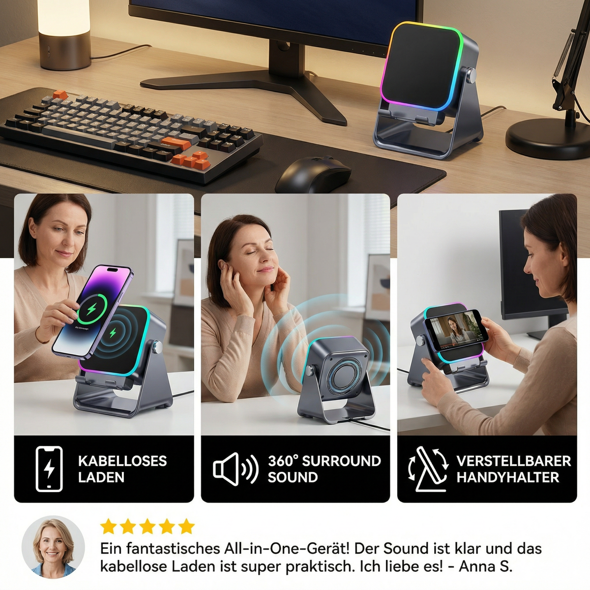 Multifunktionaler Bluetooth Lautsprecher – Mit Licht, kabelloser Ladefunktion und verstellbarem Handyhalter