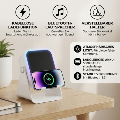 Multifunktionaler Bluetooth Lautsprecher – Mit Licht, kabelloser Ladefunktion und verstellbarem Handyhalter
