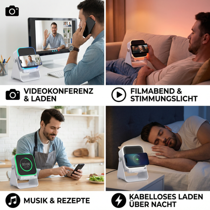 Multifunktionaler Bluetooth Lautsprecher – Mit Licht, kabelloser Ladefunktion und verstellbarem Handyhalter