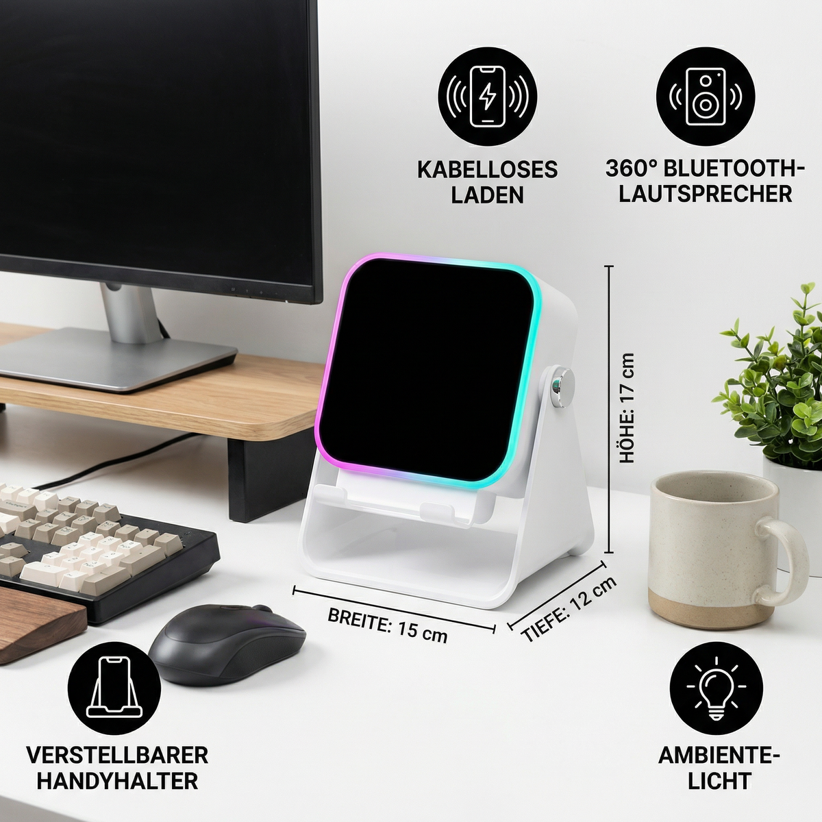 Multifunktionaler Bluetooth Lautsprecher – Mit Licht, kabelloser Ladefunktion und verstellbarem Handyhalter