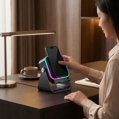 Multifunktionaler Bluetooth Lautsprecher – Mit Licht, kabelloser Ladefunktion und verstellbarem Handyhalter