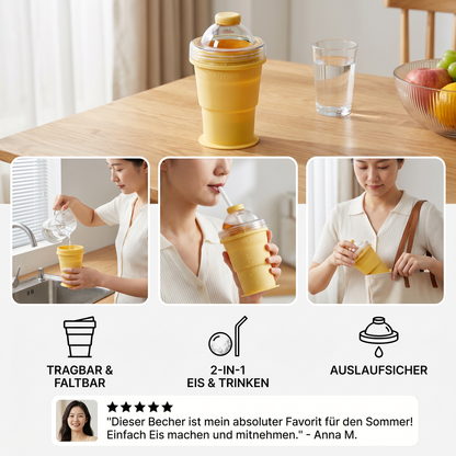 2-in-1 Eiswürfel-Becher – Faltbar, mit Strohhalm & Silikonform für unterwegs