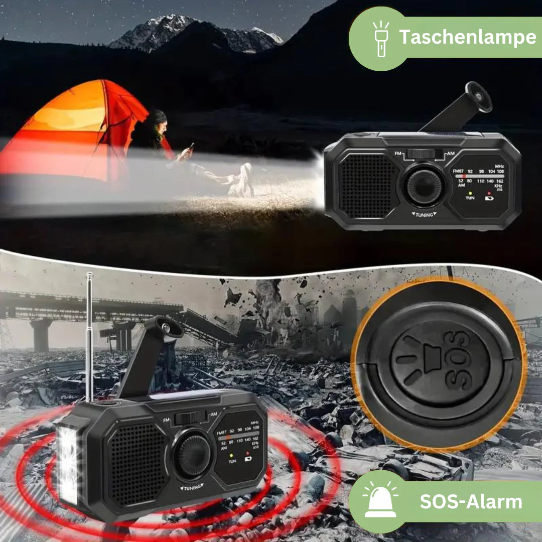 Tragbares Notfallradio mit Solarpanel und Handkurbel – FM/AM Empfang und Powerbank-Funktion