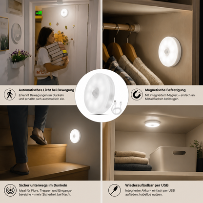 Wiederaufladbares LED Sensorlicht (4er-Set) – Magnetisch und automatisch für vielseitige Anwendungen