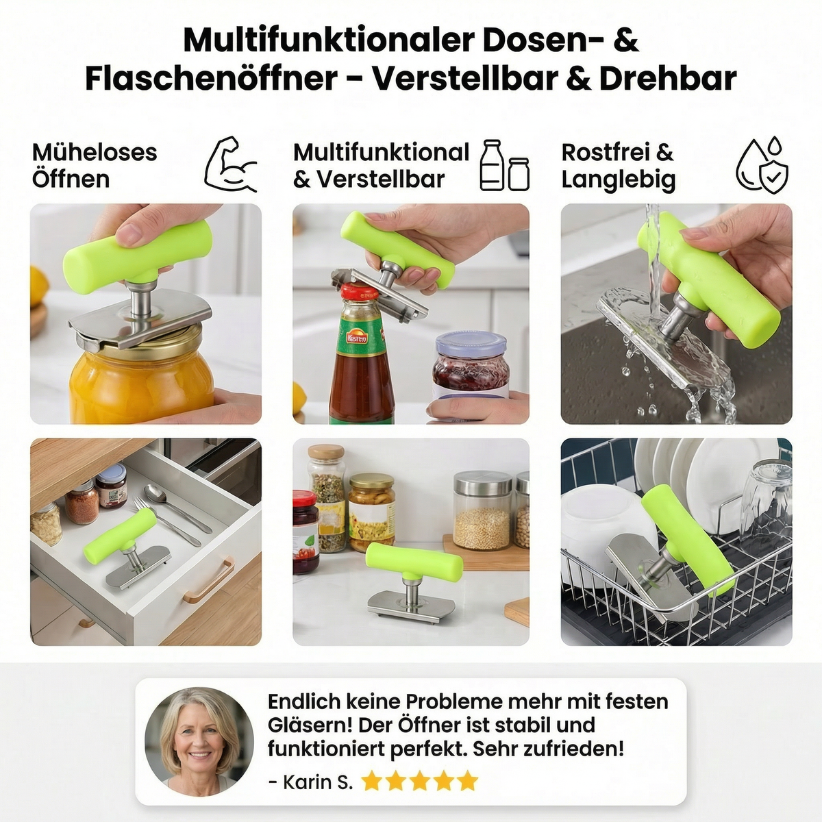 Multifunktionaler Dosen- & Flaschenöffner aus Edelstahl – Verstellbar & Drehbar