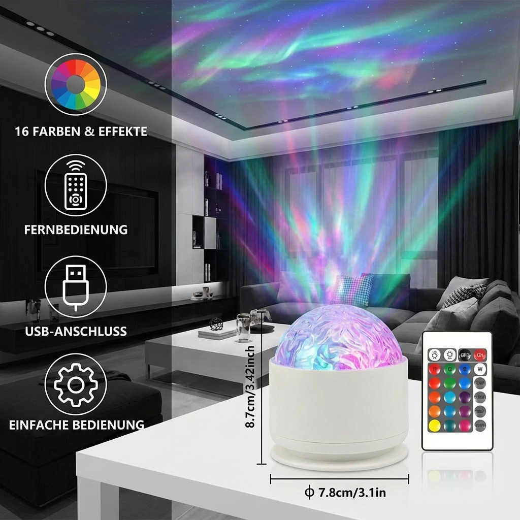 LED Nordlicht-Projektorlampe – 16 Farben & Fernbedienung