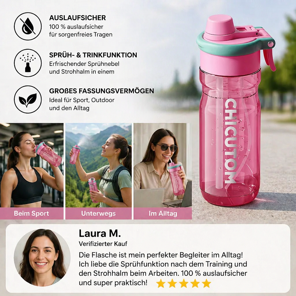 2-in-1 Sport-Trinkflasche mit Sprühfunktion & Strohhalm – Großes Fassungsvermögen & auslaufsicher