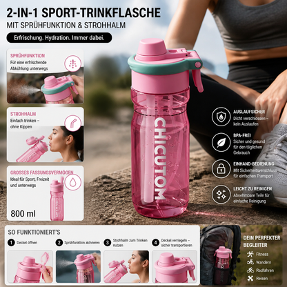 2-in-1 Sport-Trinkflasche mit Sprühfunktion & Strohhalm – Großes Fassungsvermögen & auslaufsicher