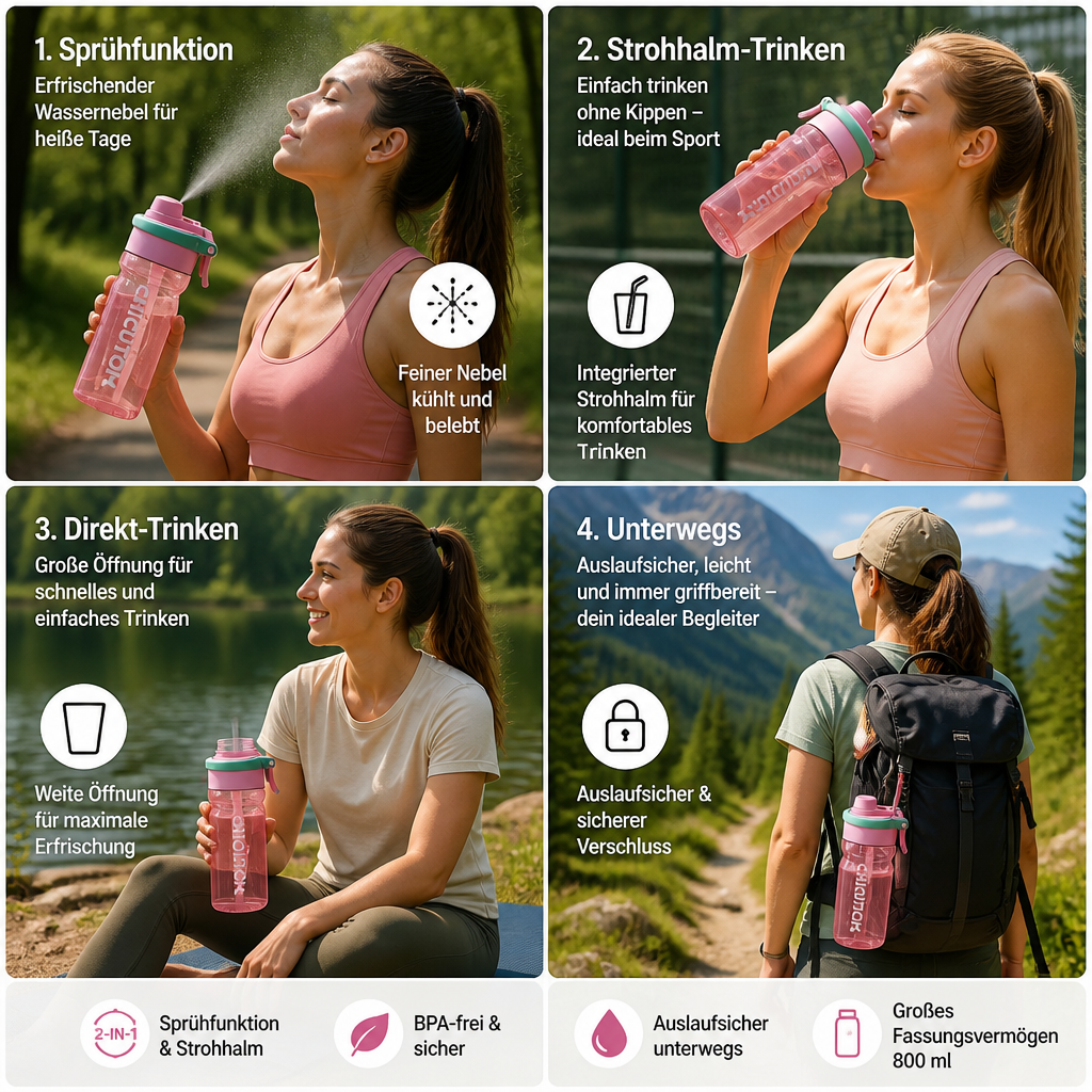 2-in-1 Sport-Trinkflasche mit Sprühfunktion & Strohhalm – Großes Fassungsvermögen & auslaufsicher