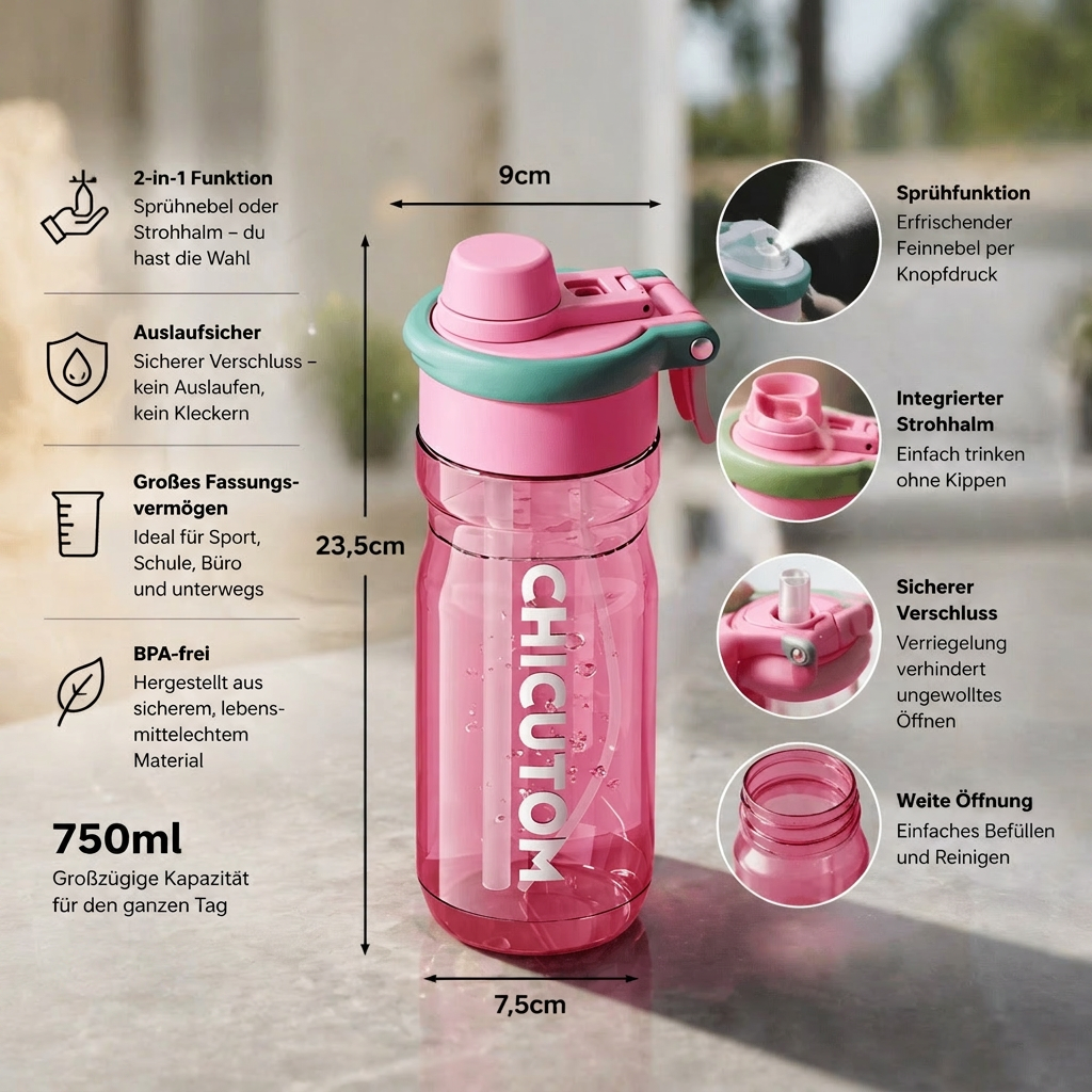 2-in-1 Sport-Trinkflasche mit Sprühfunktion & Strohhalm – Großes Fassungsvermögen & auslaufsicher