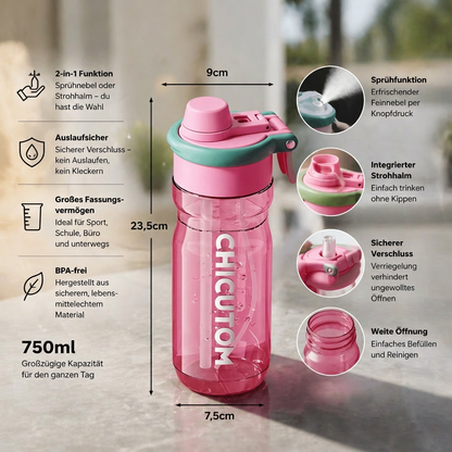 2-in-1 Sport-Trinkflasche mit Sprühfunktion & Strohhalm – Großes Fassungsvermögen & auslaufsicher