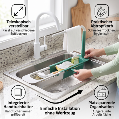 Verstellbarer Teleskop-Spülenorganizer mit Abtropfkorb & Handtuchhalter