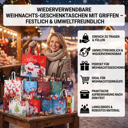 Wiederverwendbare Weihnachts-Geschenktaschen mit Griffen – Verschiedene festliche Designs