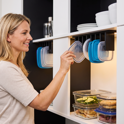 Platzsparender Organizer-Ständer für Tupperware-Deckel