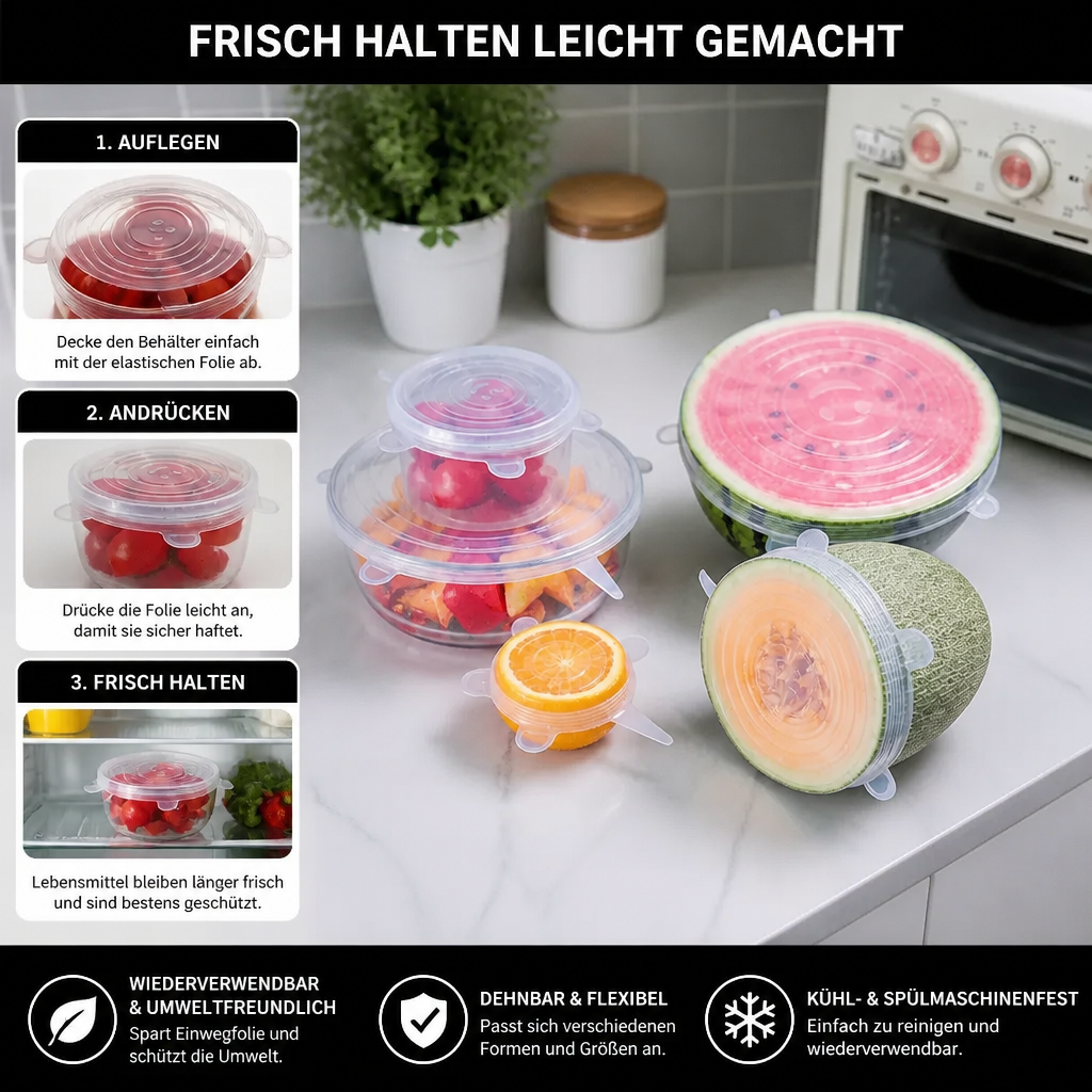 6-teiliges Silikon-Stretchdeckel-Set – Wiederverwendbare BPA-freie Frischhalteabdeckungen