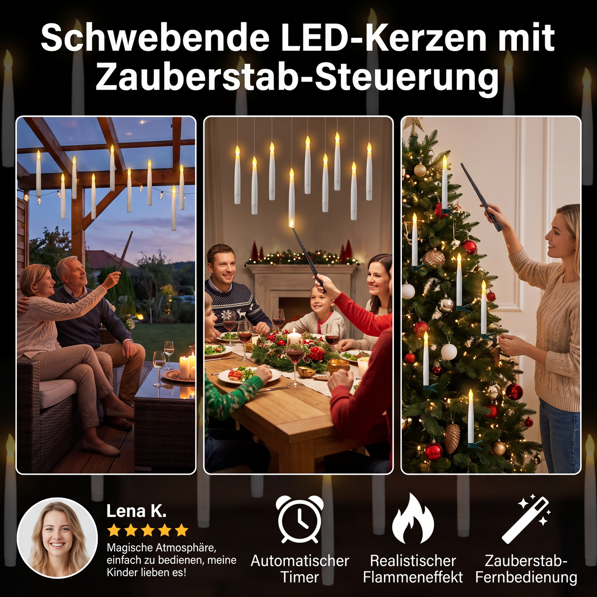 Schwebende LED-Kerzen mit Zauberstab-Steuerung
