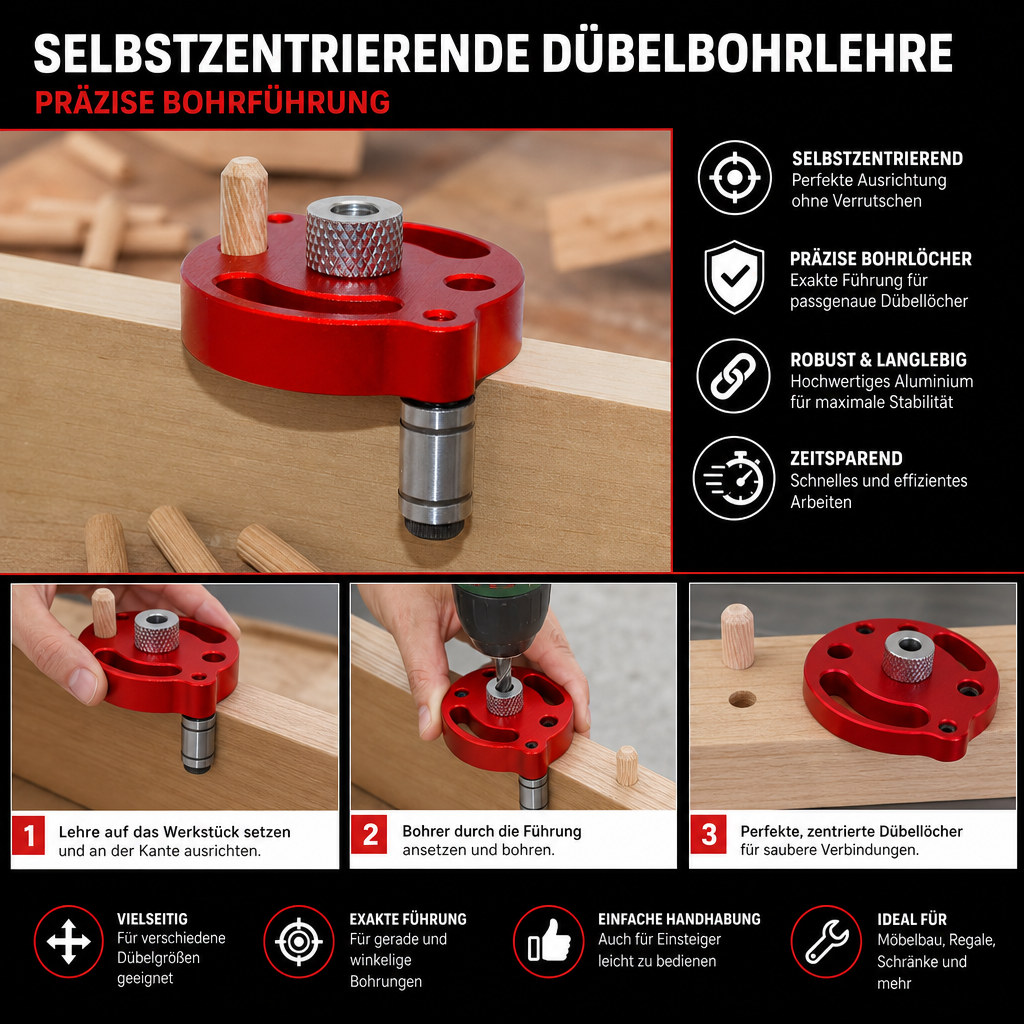 Selbstzentrierende Dübelbohrlehre – Präzise Bohrführung