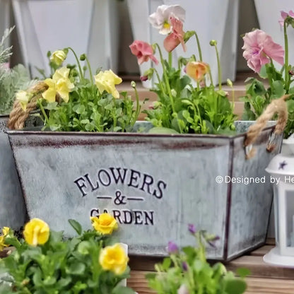 Dekorativer Blumen- und Gartenbehälter aus Metall mit Hanfseilgriffen