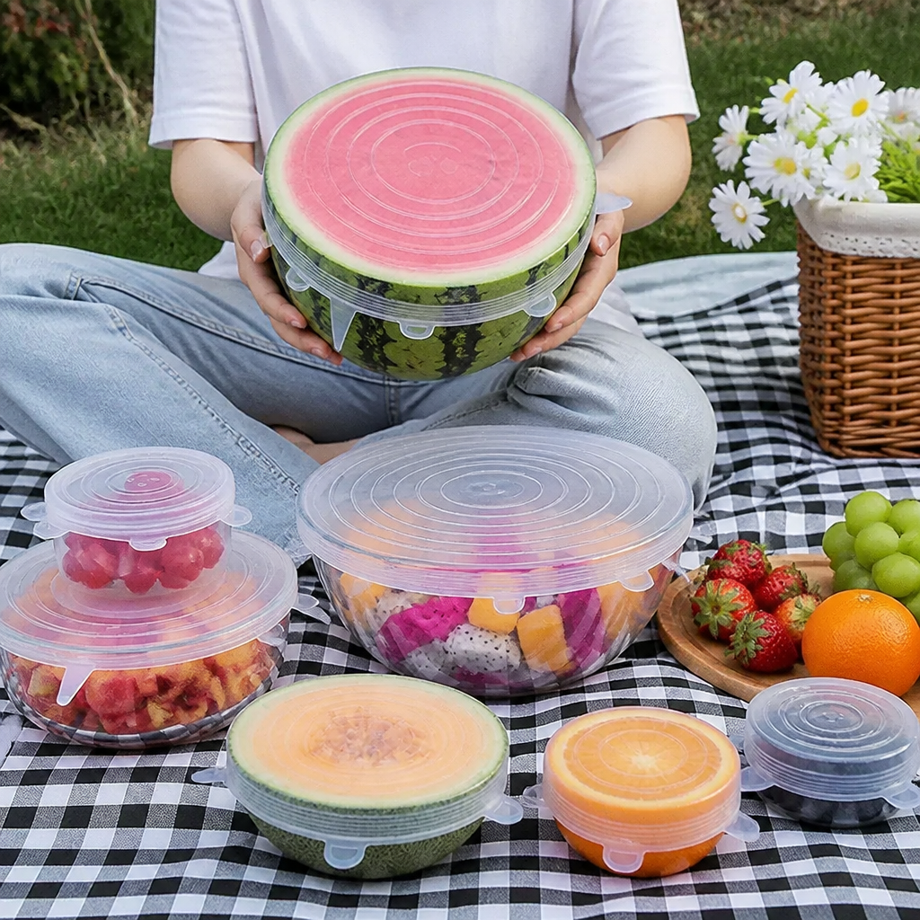 6-teiliges Silikon-Stretchdeckel-Set – Wiederverwendbare BPA-freie Frischhalteabdeckungen