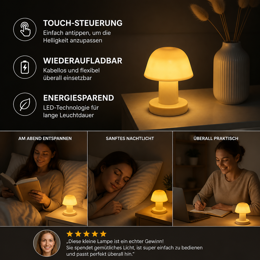 Mini wiederaufladbare LED-Pilz-Tischlampe mit Touch-Steuerung