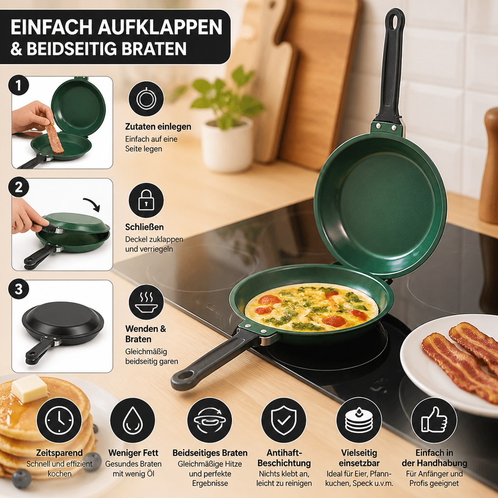 Doppelseitige Antihaft-Bratpfanne – Wende-Pfanne für Pfannkuchen, Omeletts & Speck