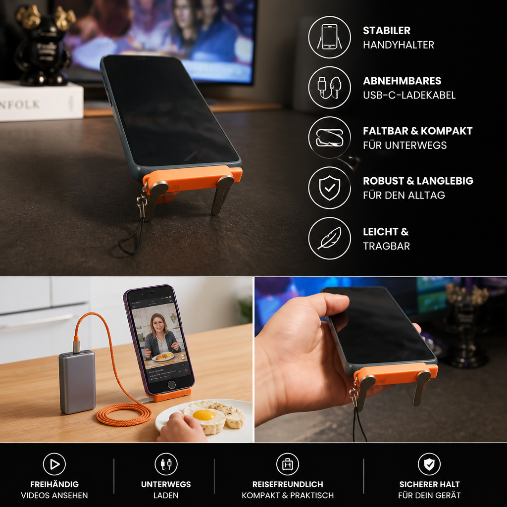 2-in-1 robuster & faltbarer Handyhalter mit abnehmbarem USB-C-Ladekabel