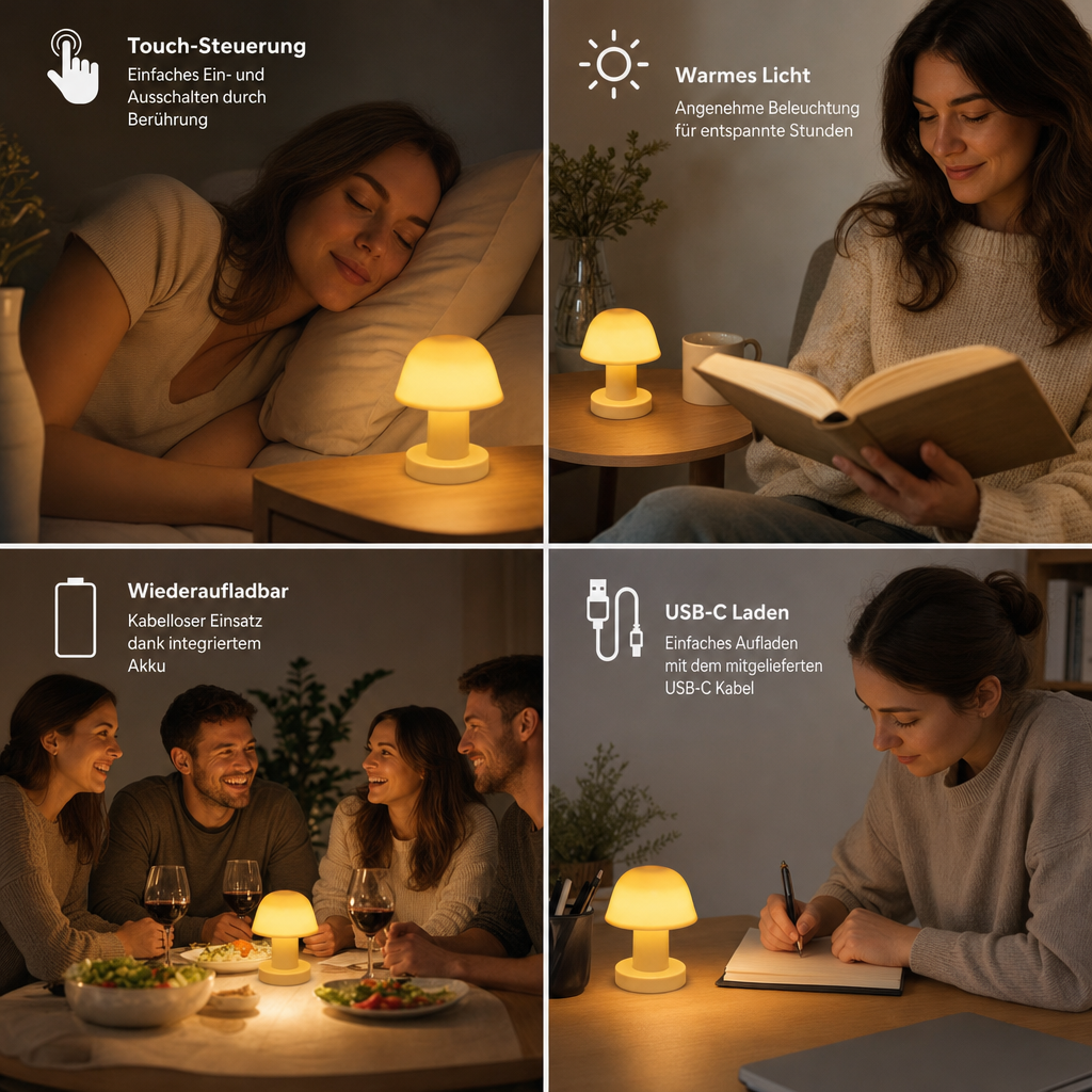 Mini wiederaufladbare LED-Pilz-Tischlampe mit Touch-Steuerung