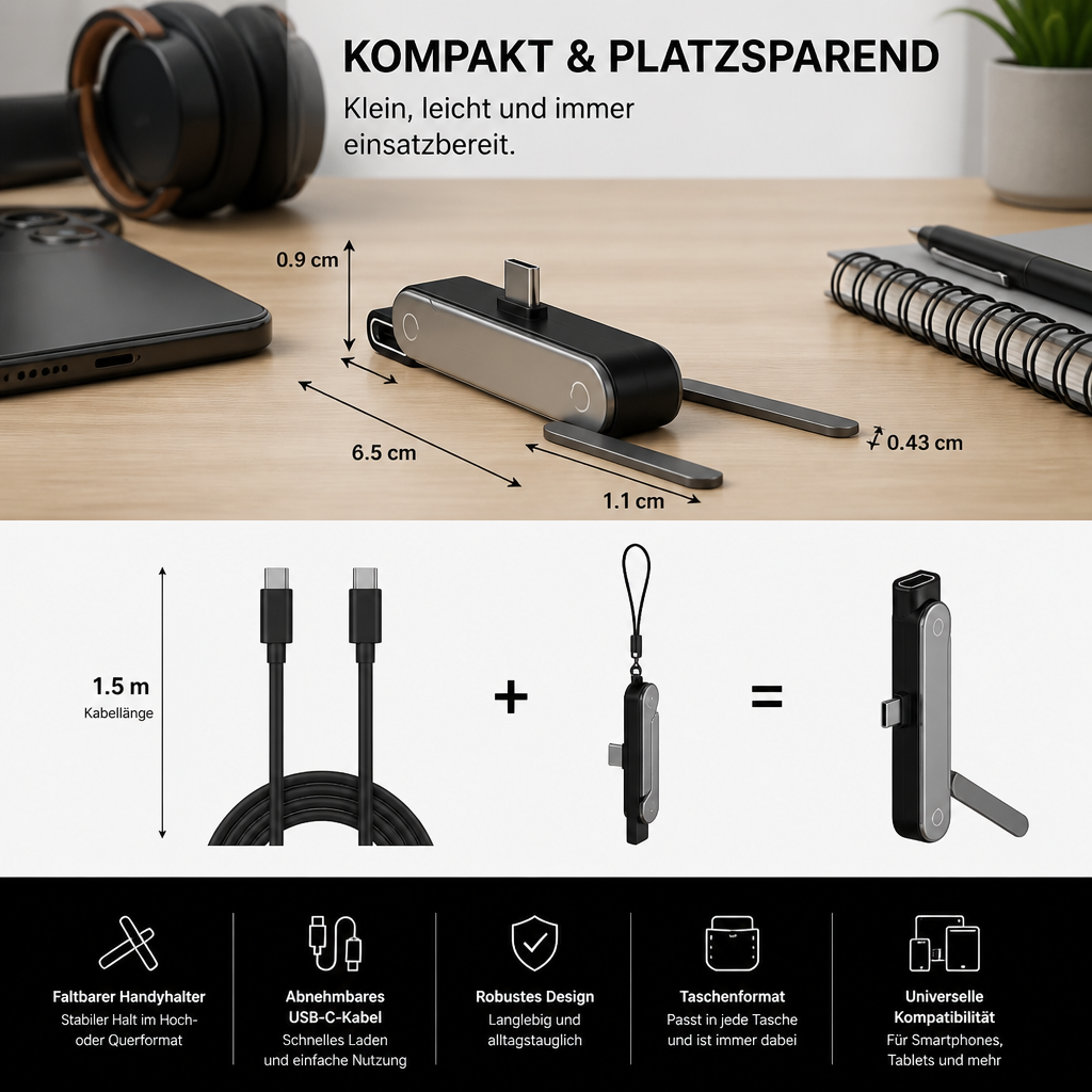 2-in-1 robuster & faltbarer Handyhalter mit abnehmbarem USB-C-Ladekabel