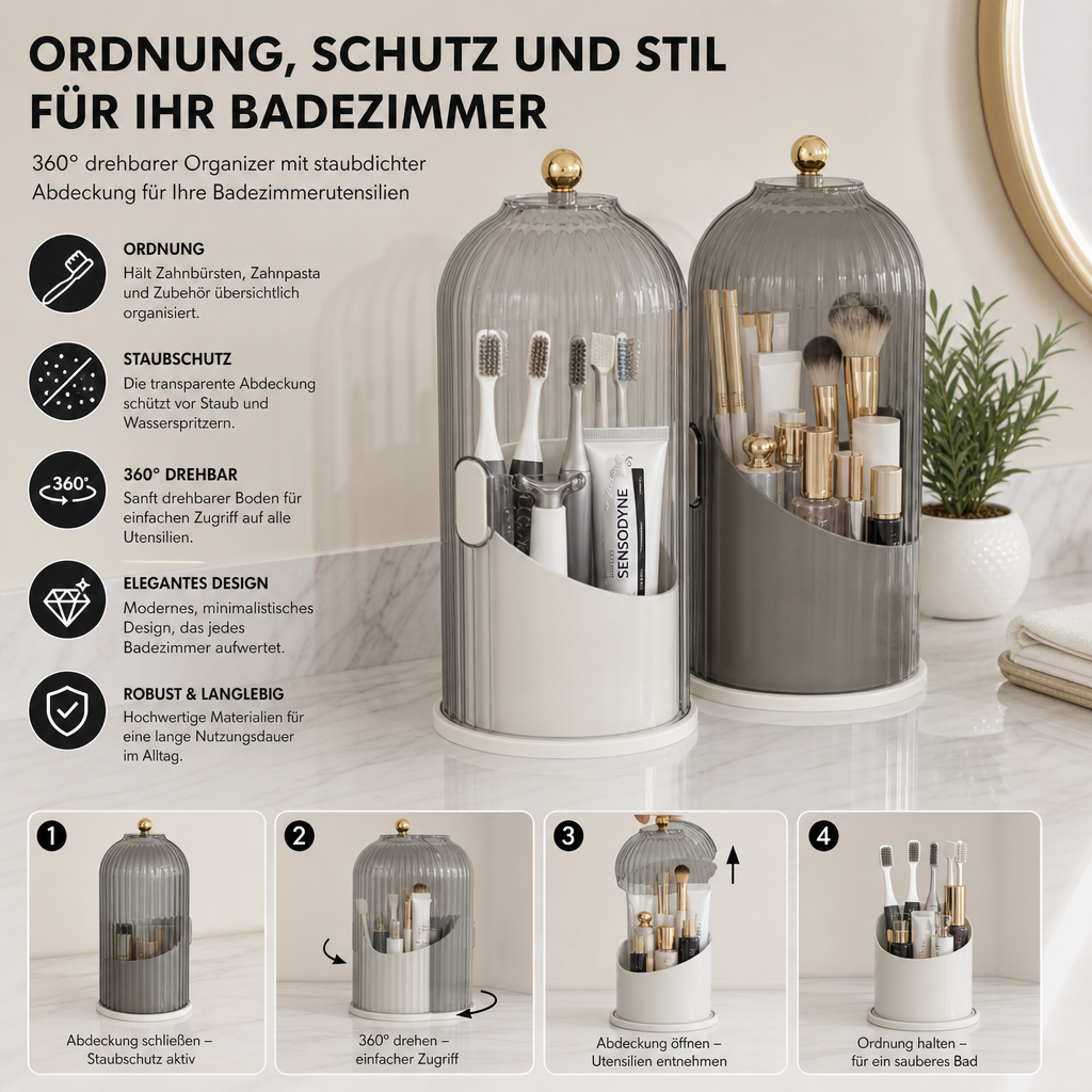Drehbarer Organizer für Zahnbürsten & Badezimmerutensilien mit staubdichter transparenter Abdeckung