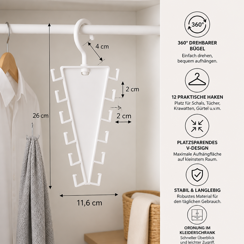 V-förmiger platzsparender Kleiderschrank-Organizer mit 12 Haken & 360° drehbarem Bügel