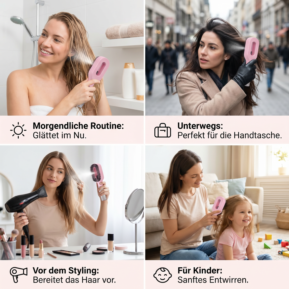 Anti-Frizz Sprüh-Haarbürste – Glättet abstehende Haare und erleichtert das Stylen von Frisuren