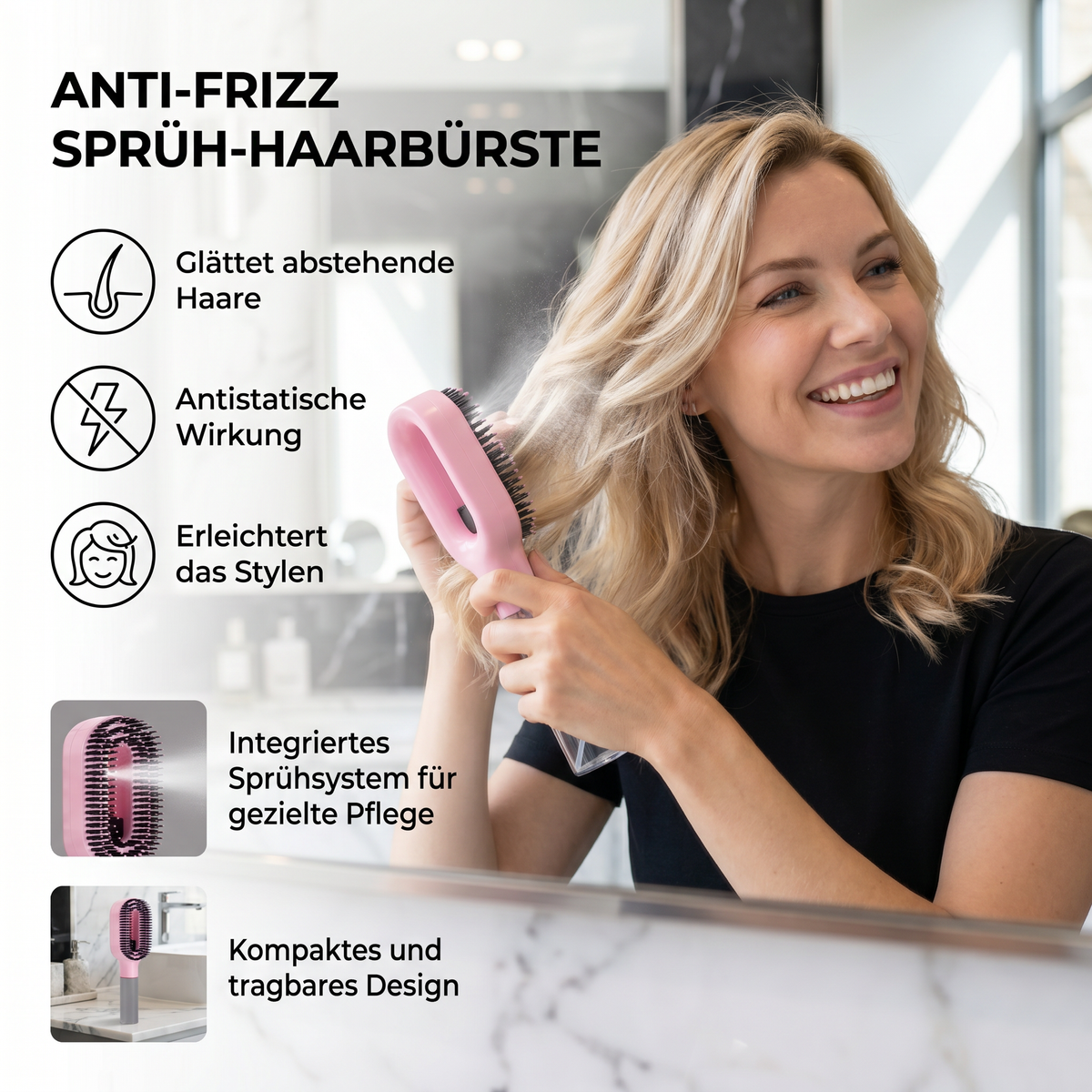 Anti-Frizz Sprüh-Haarbürste – Glättet abstehende Haare und erleichtert das Stylen von Frisuren