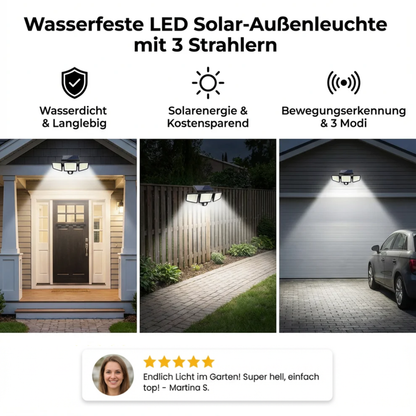 Wasserfeste LED Solar-Außenleuchte mit 3 Strahlern – 3 Lichtmodi & Bewegungsausleuchtung