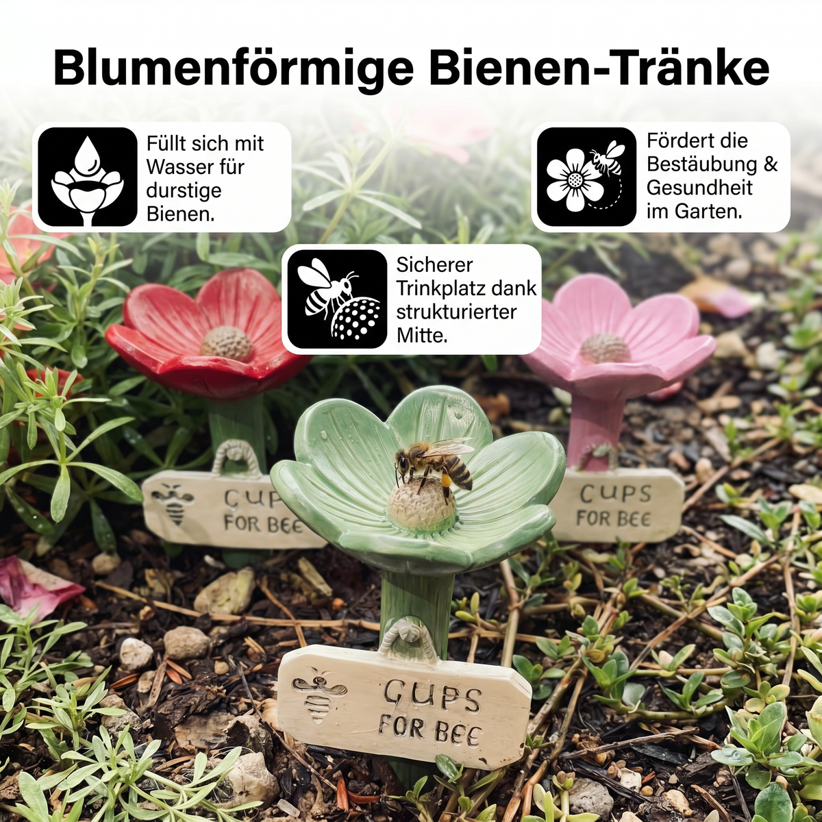 Blumenförmige Bienen-Tränke - Bunte Wasserspender für den Garten