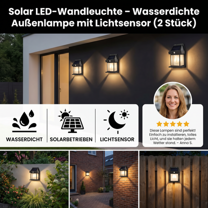 Solar LED-Wandleuchte – Wasserdichte Außenlampe mit Lichtsensor für Garten, Hof und Zaun (2 Stück)