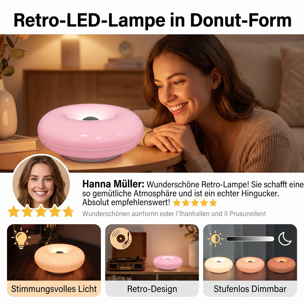 Retro-LED-Lampe in Donut-Form mit gemütlichem Ambientelicht