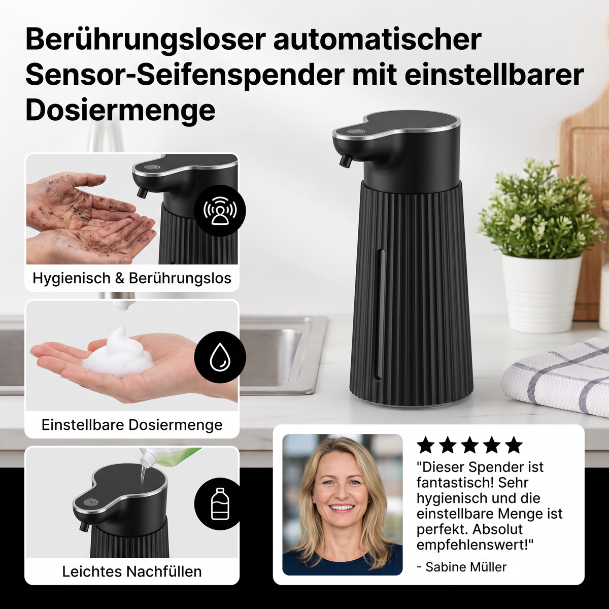 Berührungsloser automatischer Sensor-Seifenspender mit einstellbarer Dosiermenge