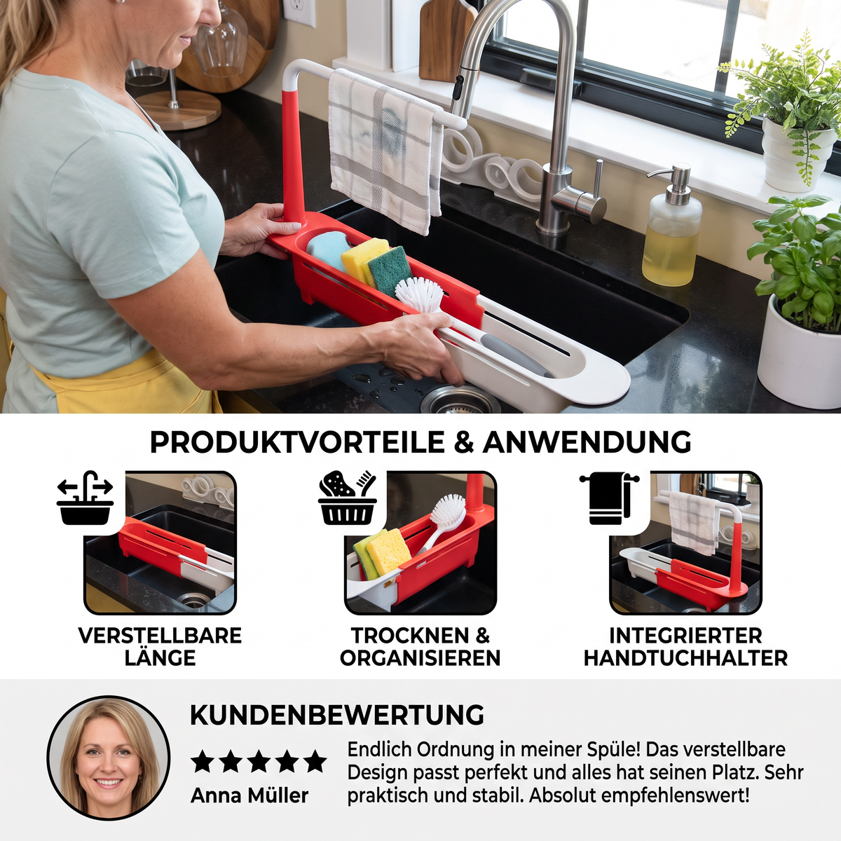 Verstellbarer Teleskop-Spülenorganizer mit Abtropfkorb & Handtuchhalter