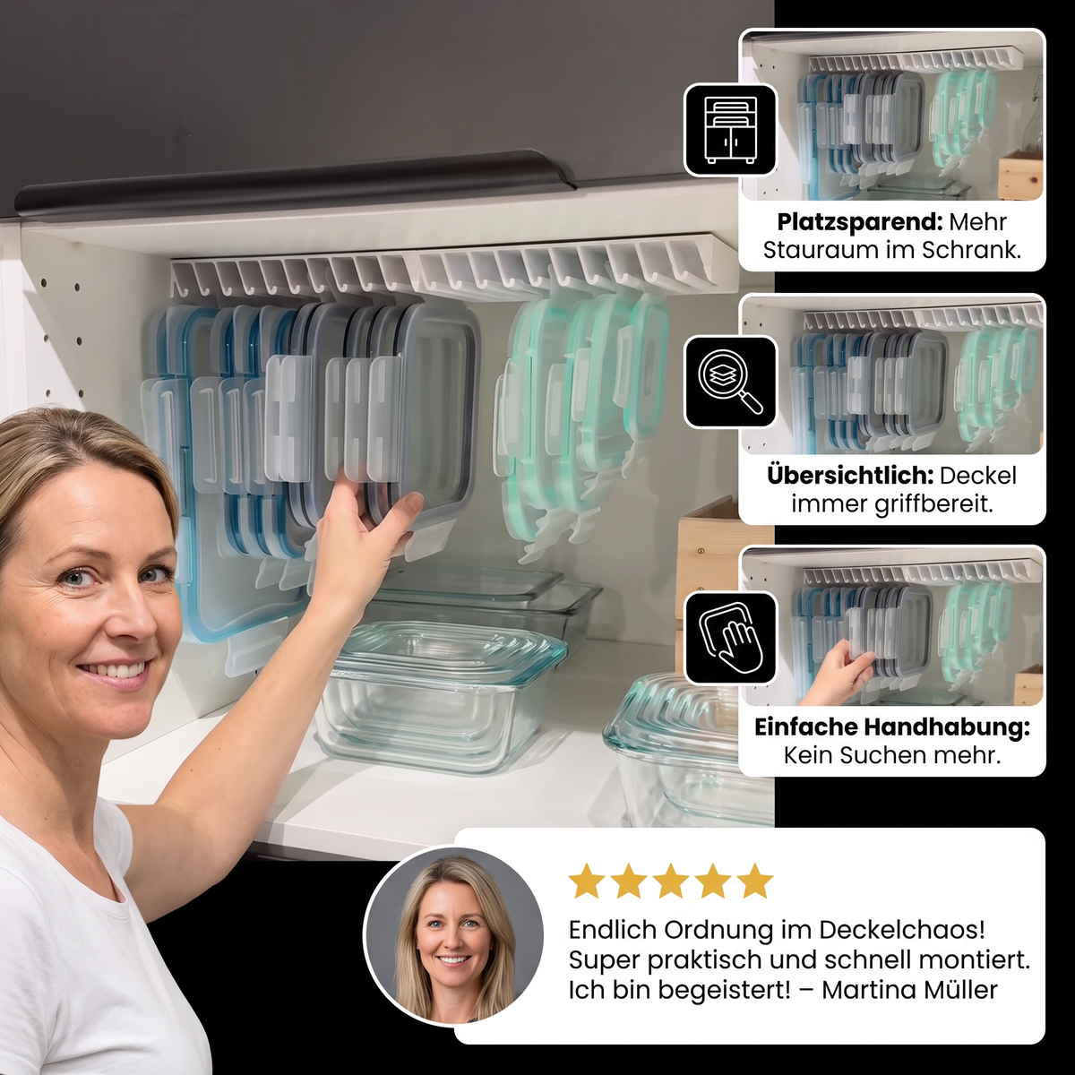 Platzsparender Organizer-Ständer für Tupperware-Deckel