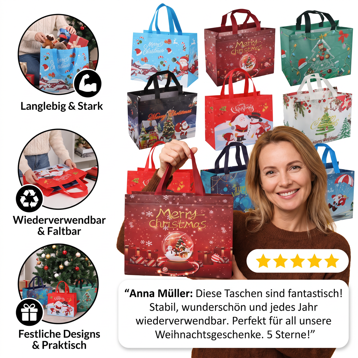Wiederverwendbare Weihnachts-Geschenktaschen mit Griffen – Verschiedene festliche Designs
